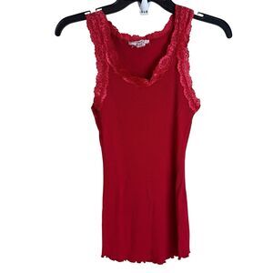 French Laundry Lace Trim Tank Top Size S Red Ribbed V Neck Fitted Y2K Lettuce Tr